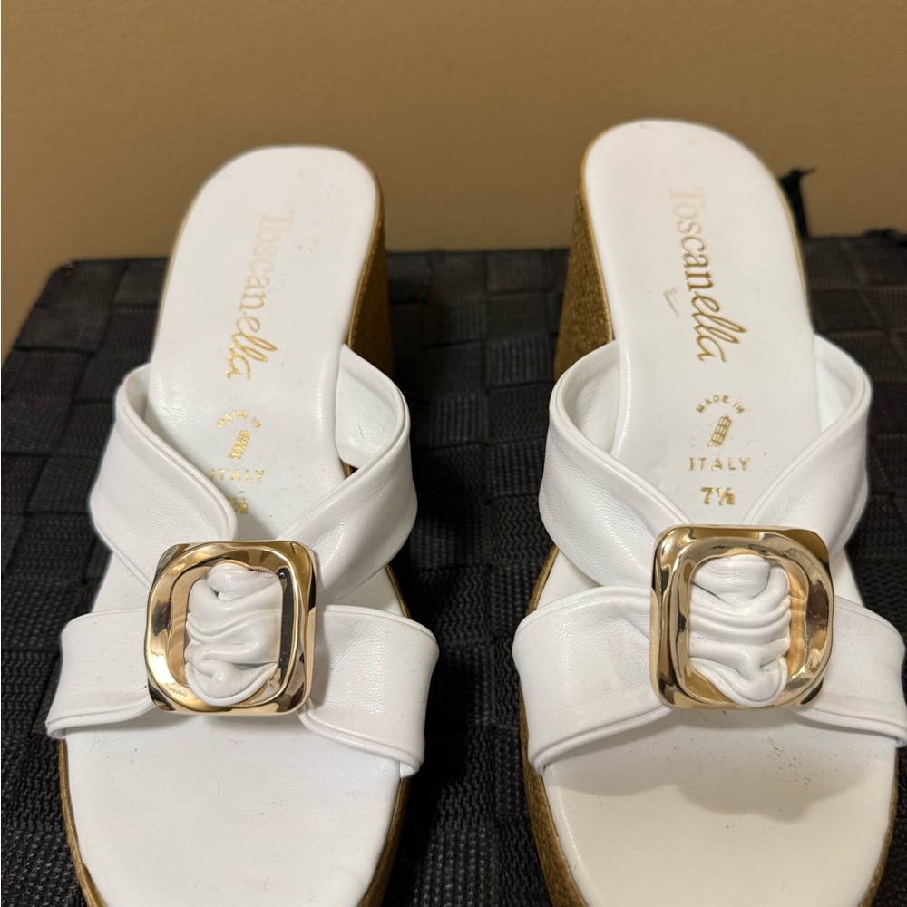 Toscanella White Leather Buckle Wedge Mules